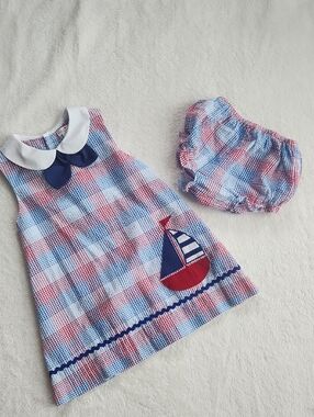 Petit Ami Red, Blue & White Plaid Sailboat Dress with Bloomers, SZ 24 Months